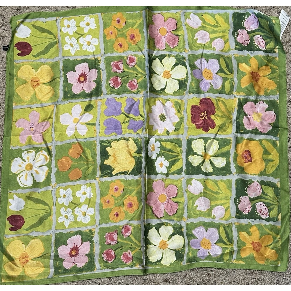 Women Floral Square Scarf Silky Satin Neck Head Wrap Bandana Green Flower Tile